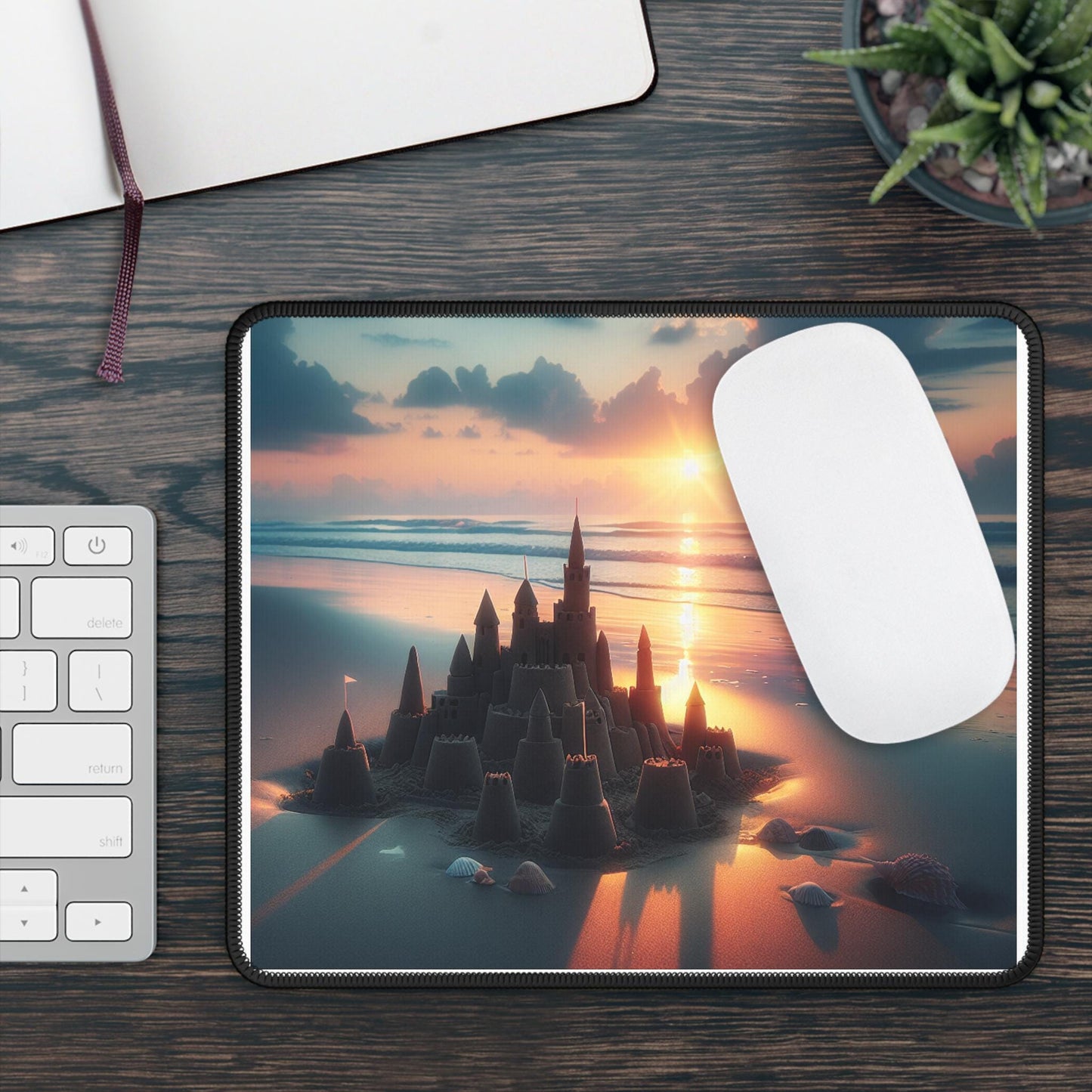 Beach Sunset Gaming Mouse Pad, Sandcastle Mousepad for Gamers, Coastal Desk Accessory, Office Gifts, Gaming Desk Decor