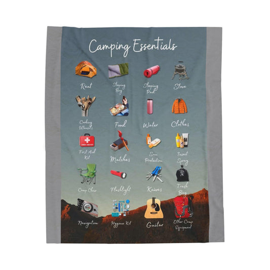 Camping Essentials Plush Blanket, Cozy Camping Blanket, Outdoor Adventure Blanket, Gift for Campers, Travel Comforter