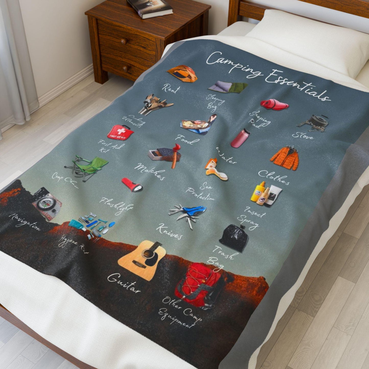 Camping Essentials Plush Blanket, Cozy Camping Blanket, Outdoor Adventure Blanket, Gift for Campers, Travel Comforter